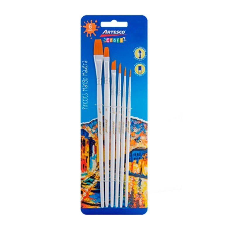 Juego de pinceles plano/redondo 6/1 m.madera blanco