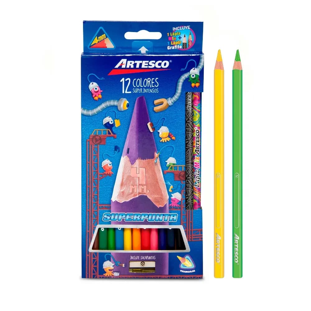 Juego lapices colores 4MM 12/1 largo tri+lapiz+sacapuntas