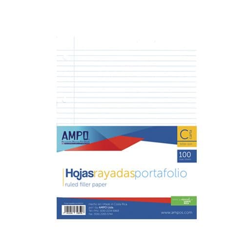 Hojas p/carpetas (8.5X11) 100/1 rayada (perforadas) ampo